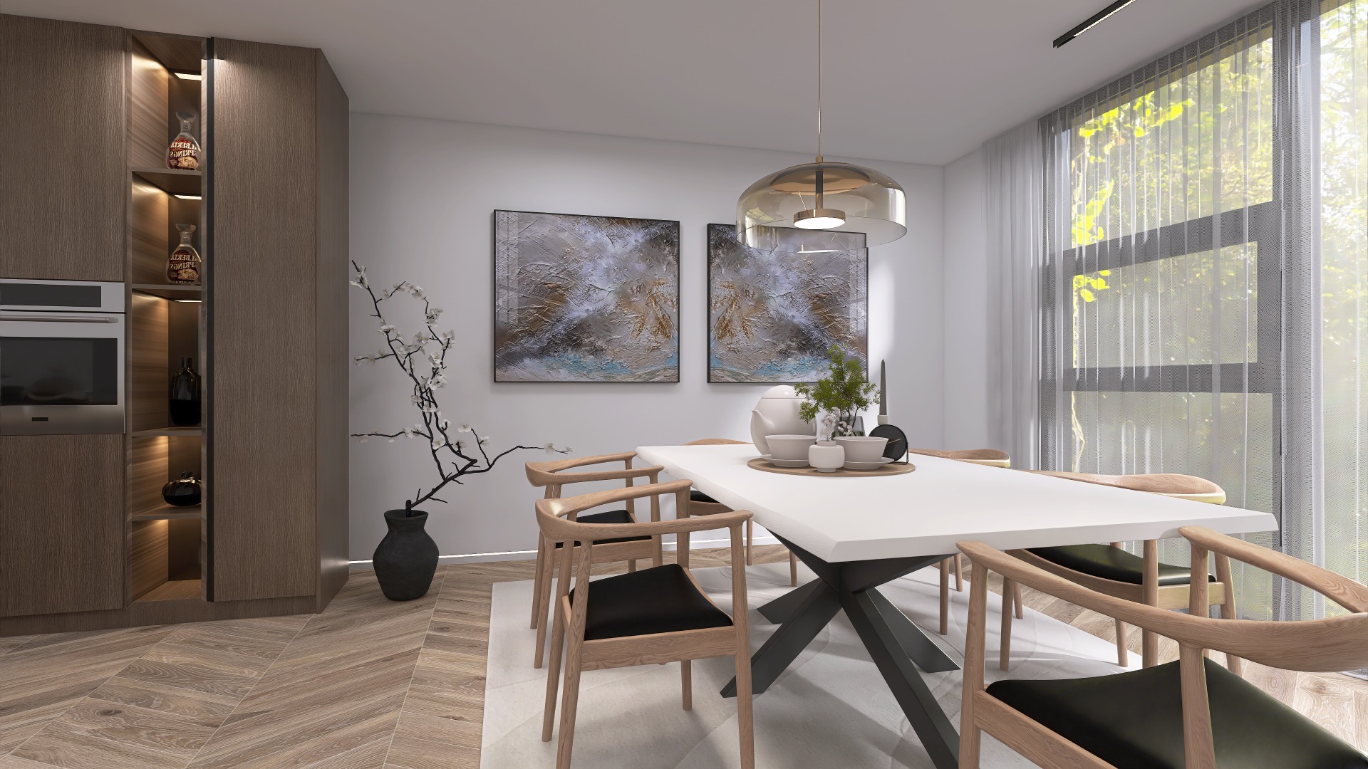 02 - Interiér jídelny v nadčasovém stylu, kde dominuje kombinace masivního dřeva, kovových akcentů a výrazného nástěnného umění v minimalistickém pojetí.