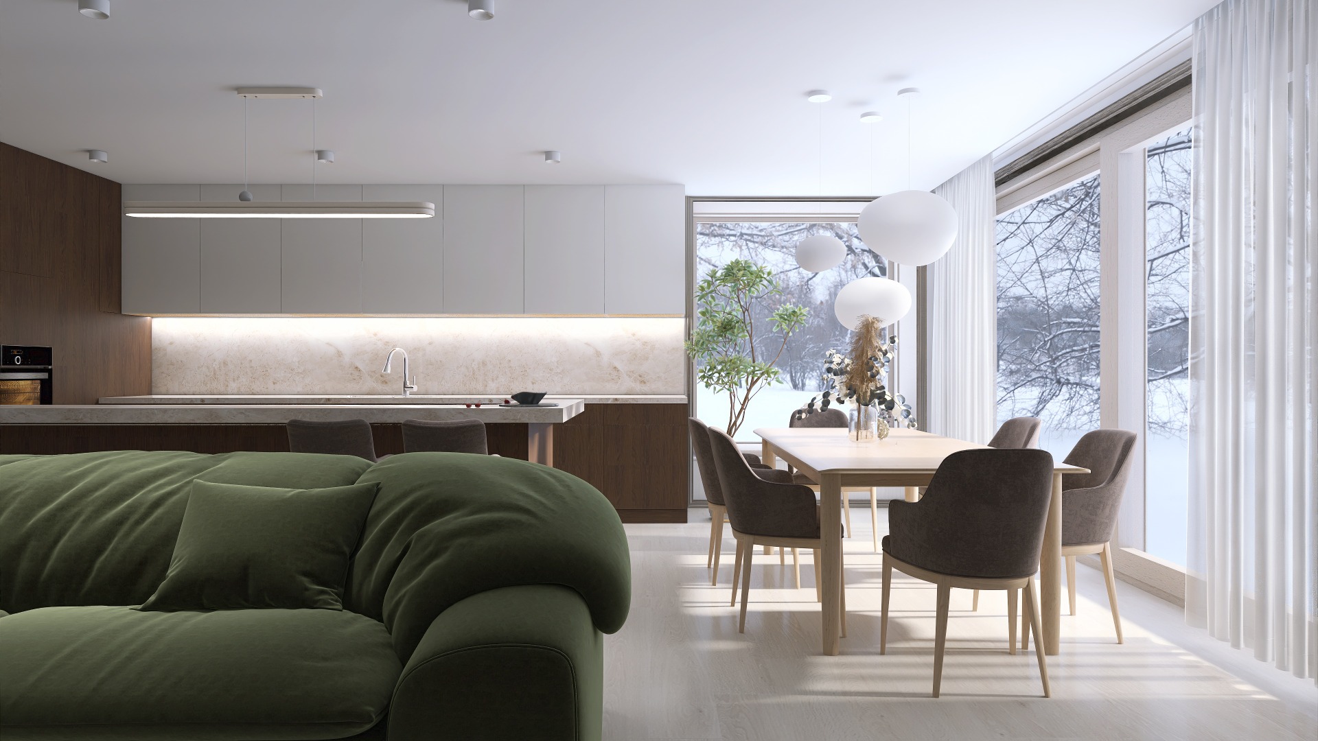 01 - Interiér v duchu skandinávského minimalismu, se světlými přírodními materiály, kontrastní zelenou a velkorysým prosklením s výhledem do zimní krajiny.