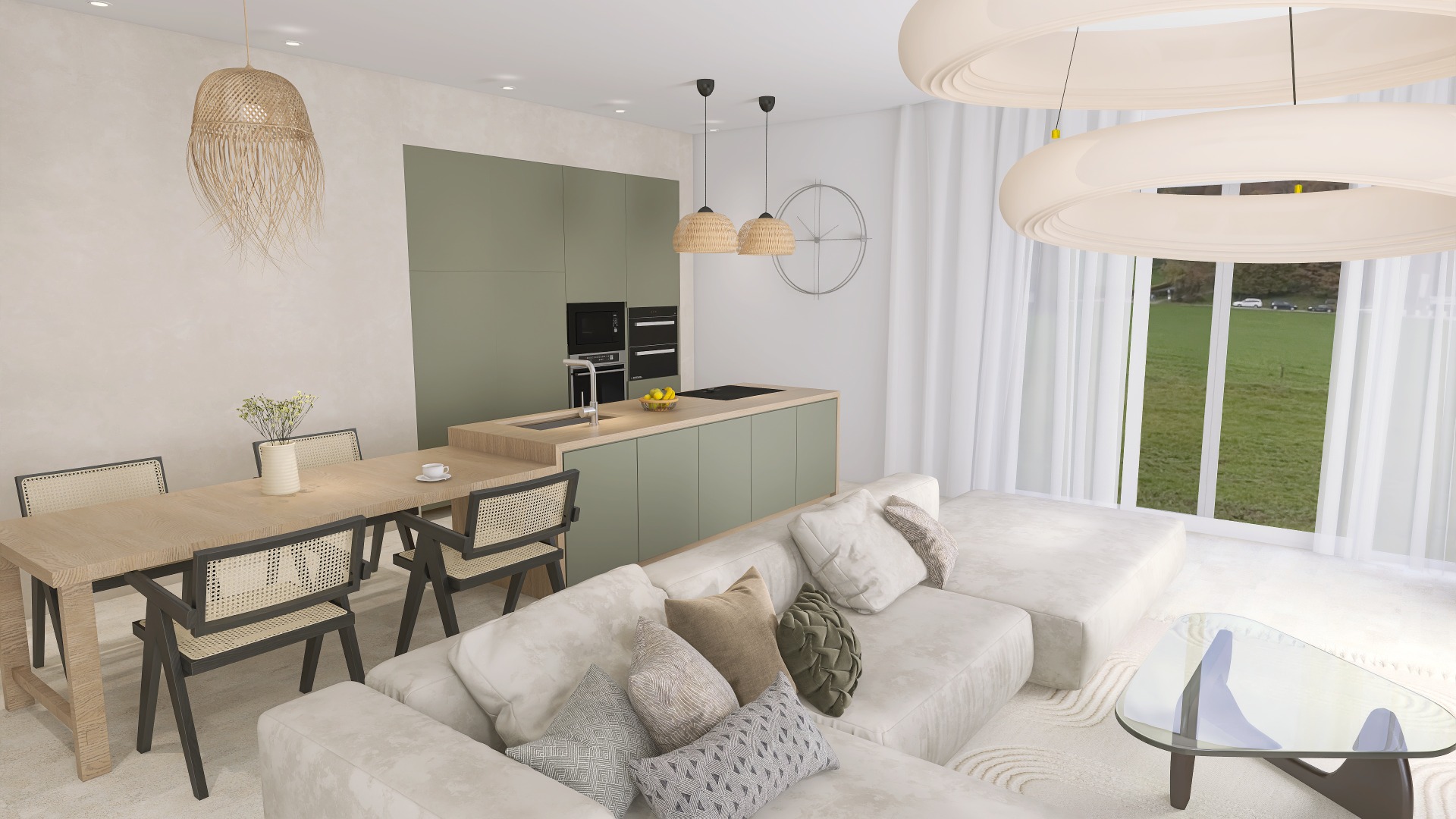 04 - Interiér propojující jemný skandinávský styl s moderními prvky – kombinace světle zelené kuchyně, přírodního dubu a ratanových detailů v jídelně.