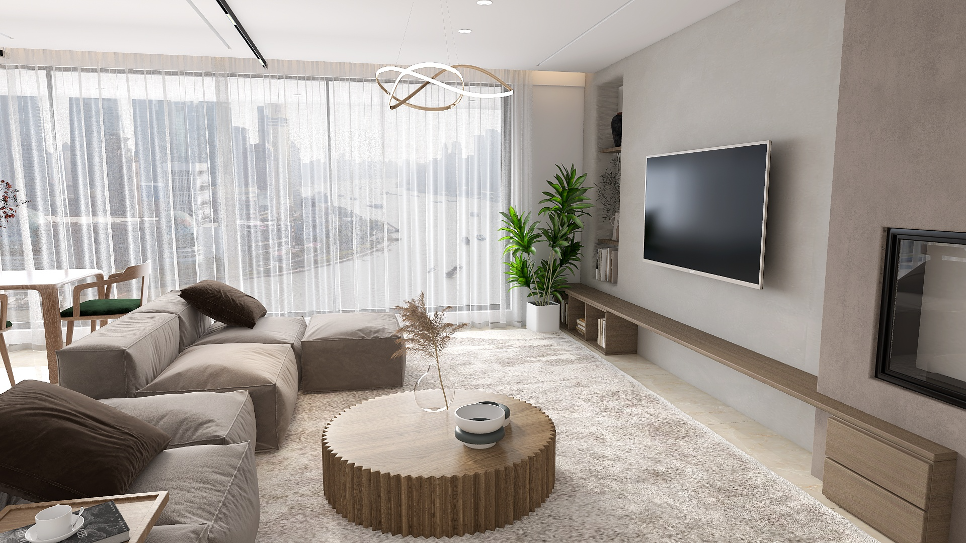 01 - Moderní obývací prostor s měkkou paletou, přírodními texturami a výhledem na město.