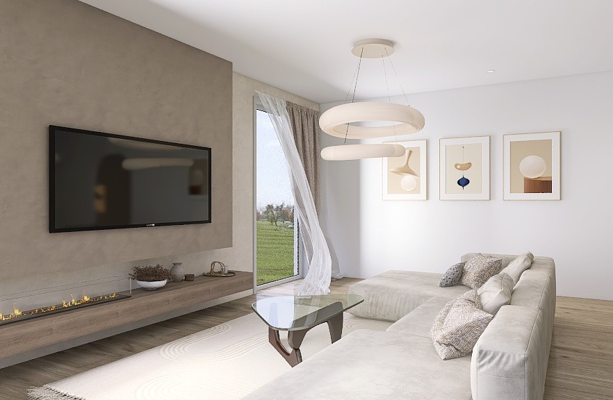 04 - Návrh obývacího pokoje v duchu japandi stylu, s jemnou neutrální paletou, liniovým vestavným biokrbem a sošným závěsným svítidlem jako výrazným designovým akcentem.