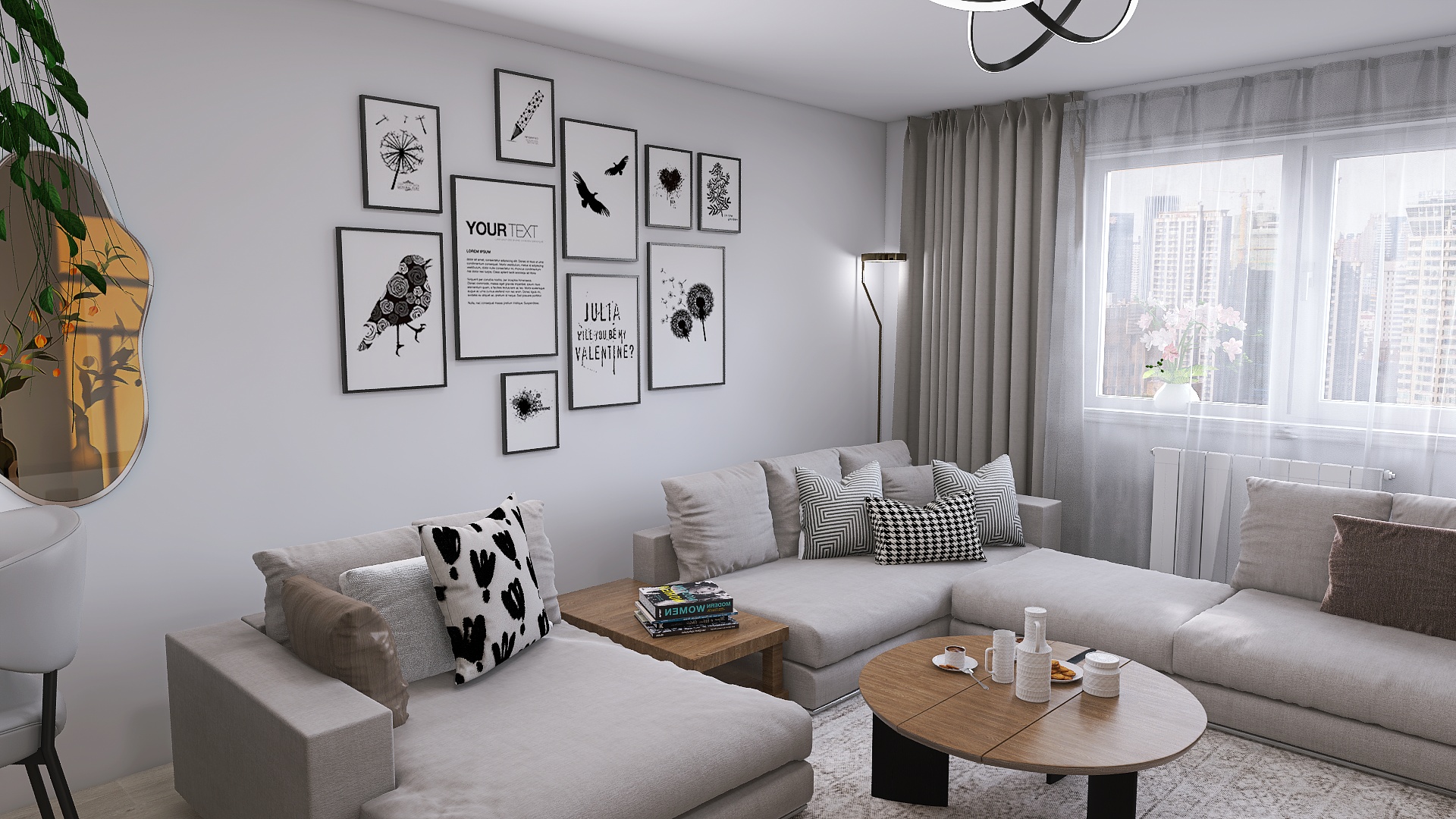 03 - Návrh útulného obývacího pokoje v městském bytě, kde dominuje pohodlná rohová sedačka, tlumená barevnost a galerie černobílých grafik jako osobitý dekorativní prvek.