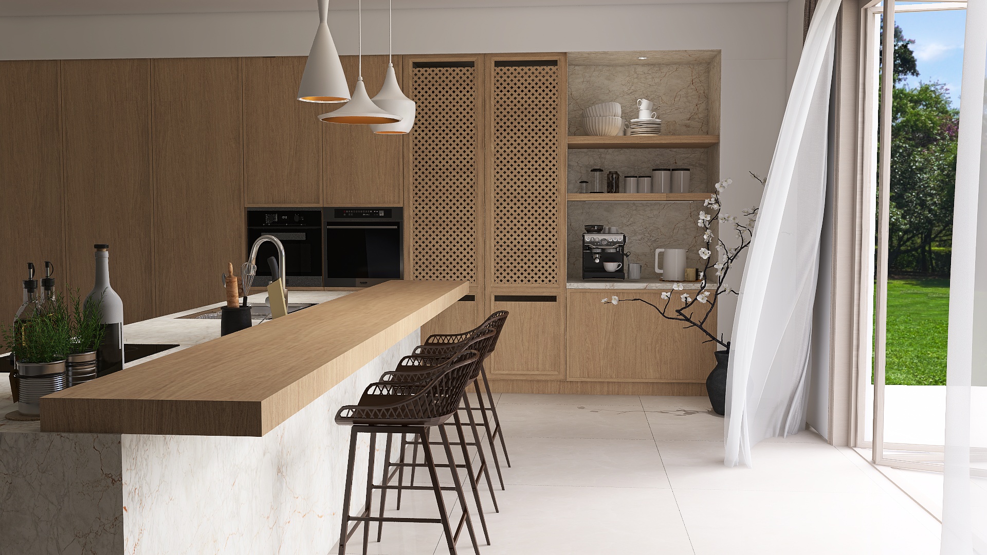 03 - Návrh kuchyně v přírodně laděném stylu s výraznými ratanovými prvky, mramorovou pracovní plochou a elegantním kávovým koutem otevřeným směrem k exteriéru.
